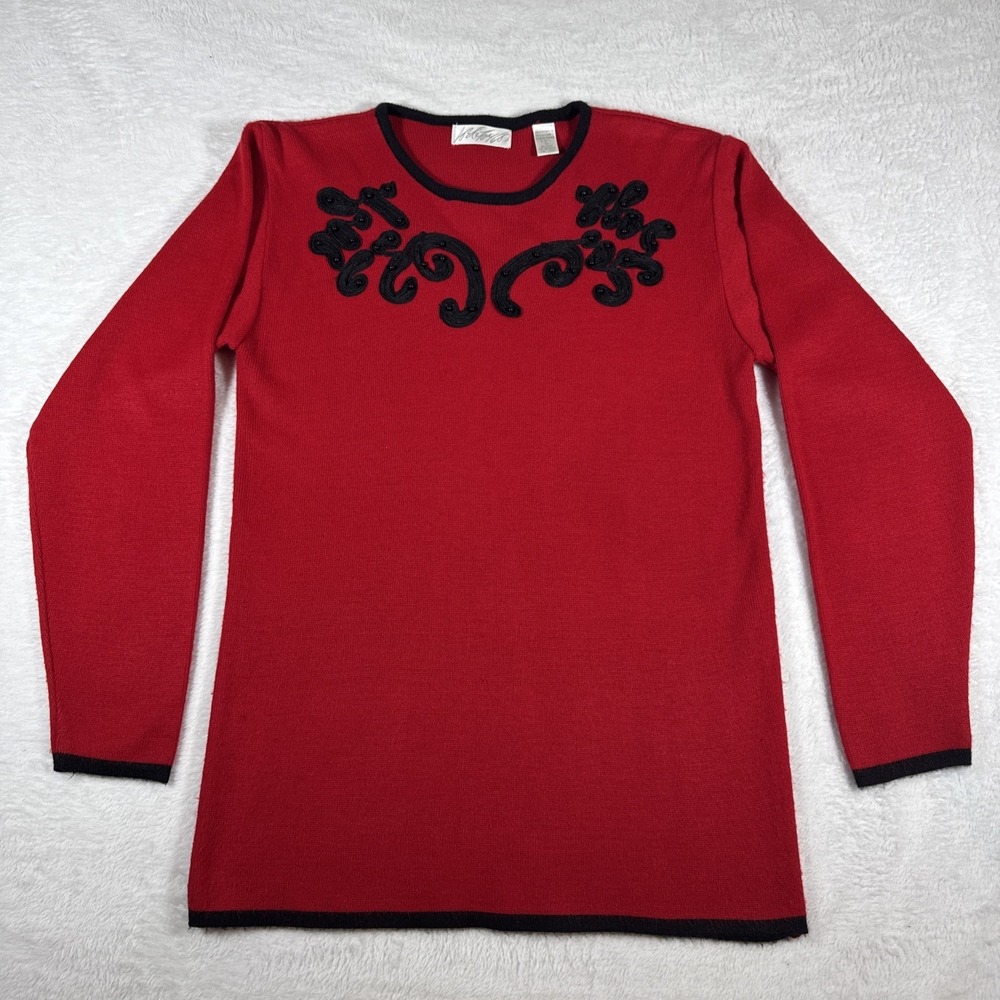 70s-80s Lord & Taylor Vintage Sweater Red‎ Black Embellished Long Sleeve Sweater